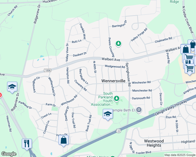 map of restaurants, bars, coffee shops, grocery stores, and more near 1451 North 40th Street in Allentown