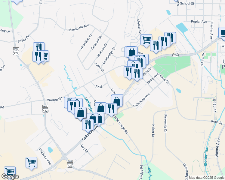 map of restaurants, bars, coffee shops, grocery stores, and more near in Indiana County