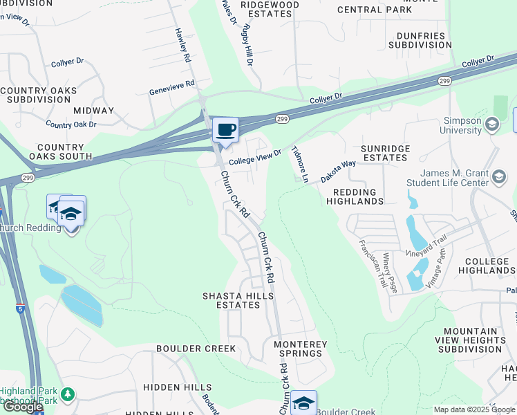 map of restaurants, bars, coffee shops, grocery stores, and more near 191 Churn Creek Road in Redding