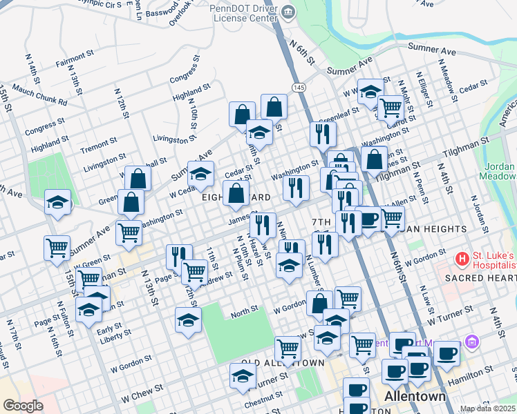 map of restaurants, bars, coffee shops, grocery stores, and more near 724 North Fountain Street in Allentown