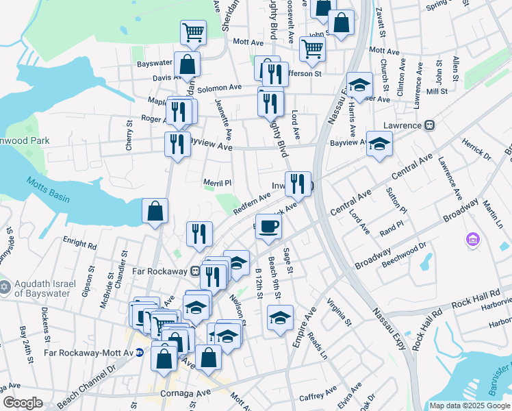 map of restaurants, bars, coffee shops, grocery stores, and more near 11-07 Redfern Avenue in Queens