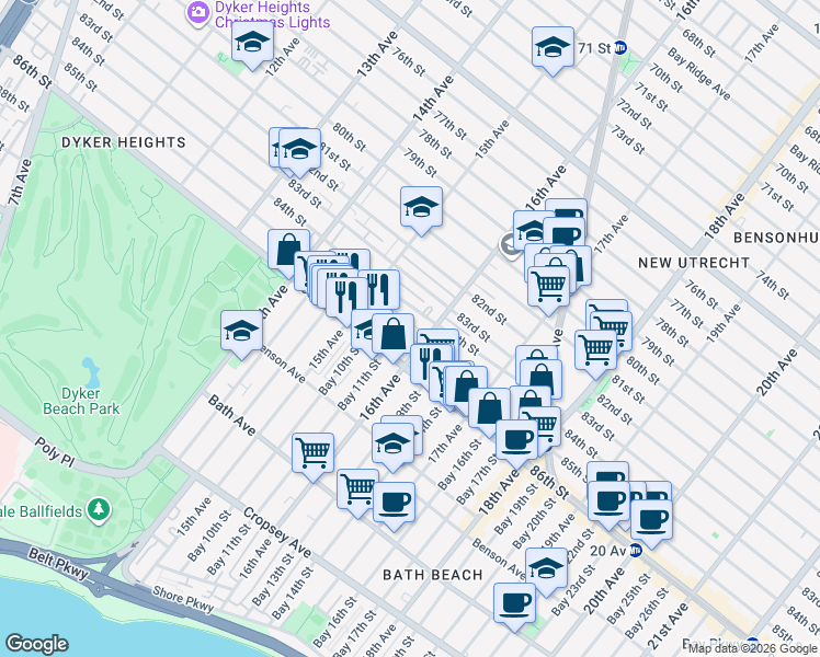 map of restaurants, bars, coffee shops, grocery stores, and more near 1571 85th Street in Brooklyn