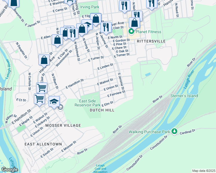 map of restaurants, bars, coffee shops, grocery stores, and more near 937 East Union Street in Allentown