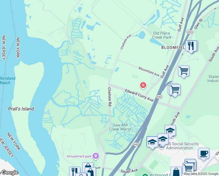 map of restaurants, bars, coffee shops, grocery stores, and more near Bloomfield Road in Staten Island