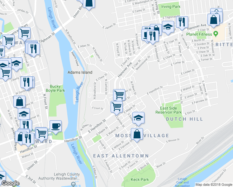 map of restaurants, bars, coffee shops, grocery stores, and more near 398 East Linden Street in Allentown