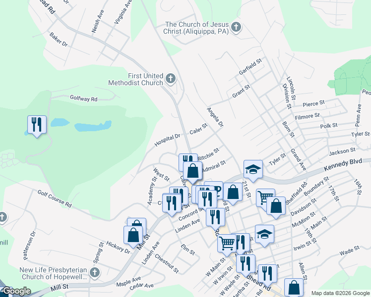 map of restaurants, bars, coffee shops, grocery stores, and more near 2342 Ritchie Street in Aliquippa
