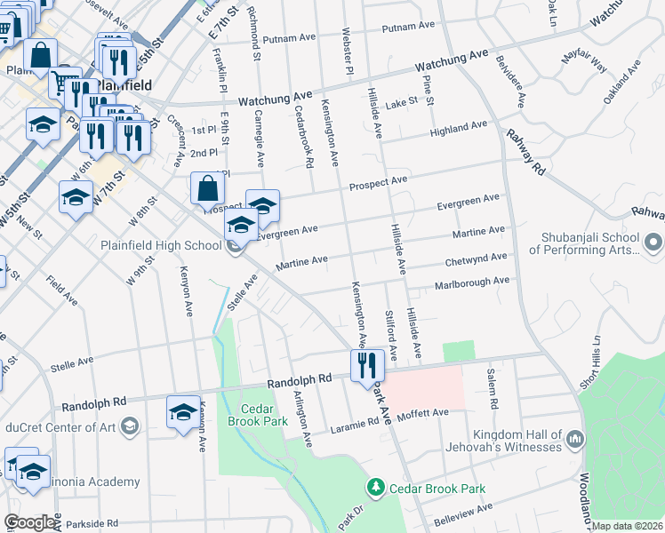 map of restaurants, bars, coffee shops, grocery stores, and more near 1144 Martine Avenue in Plainfield