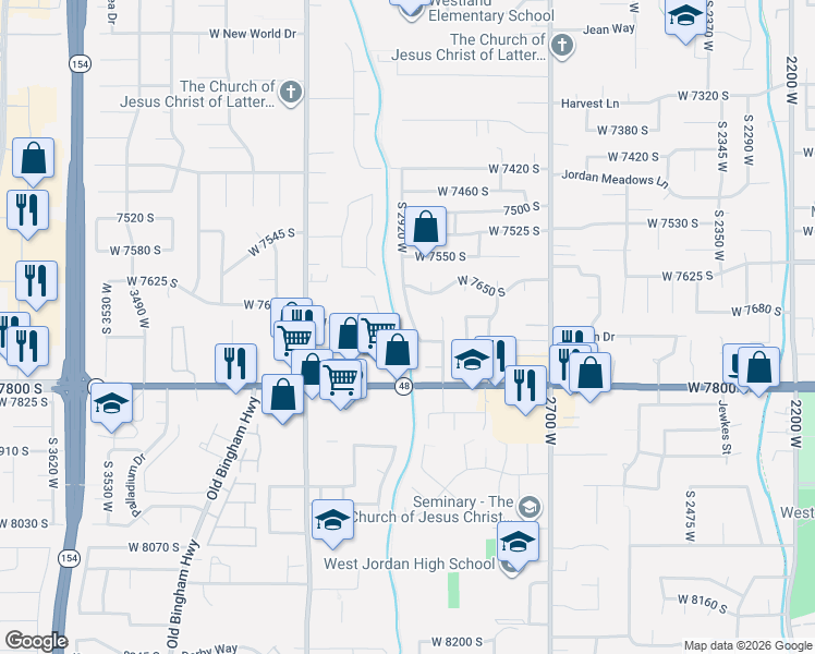 map of restaurants, bars, coffee shops, grocery stores, and more near 7729 Eveningshade Drive in West Jordan