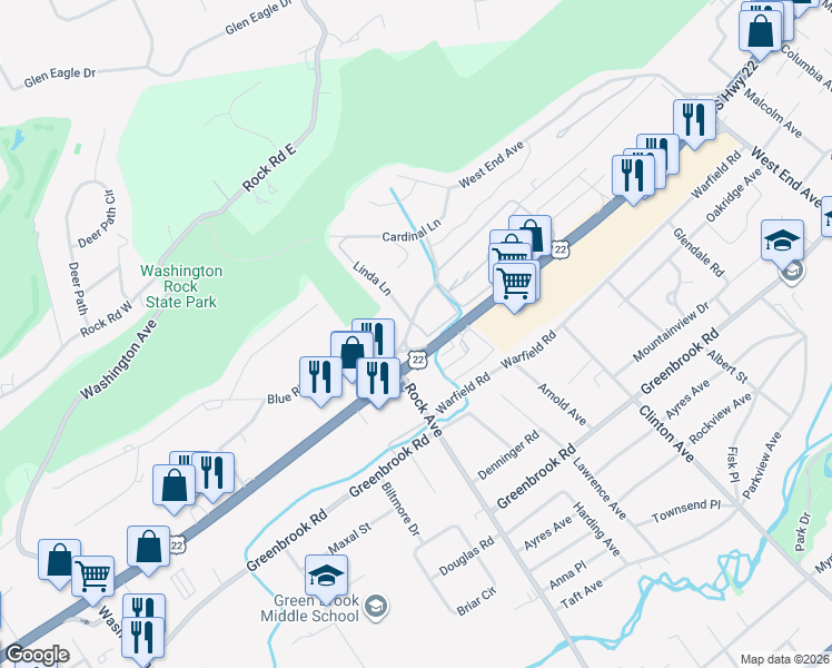 map of restaurants, bars, coffee shops, grocery stores, and more near 1300 Rock Avenue in North Plainfield