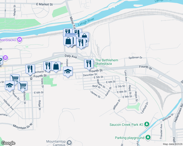 map of restaurants, bars, coffee shops, grocery stores, and more near 1337 Deschler Street in Bethlehem