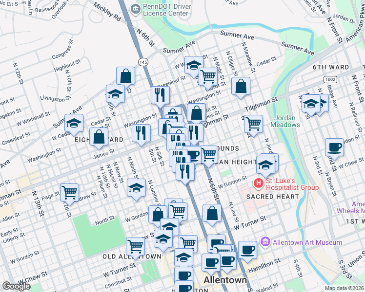 map of restaurants, bars, coffee shops, grocery stores, and more near 611 North 7th Street in Allentown