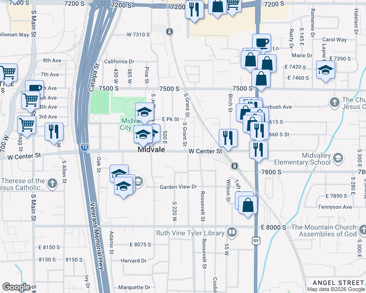 map of restaurants, bars, coffee shops, grocery stores, and more near in Midvale