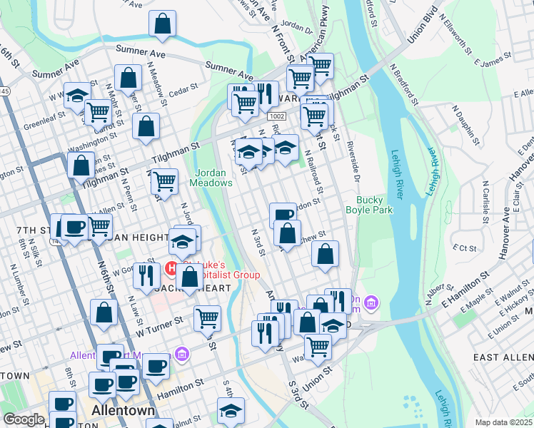 map of restaurants, bars, coffee shops, grocery stores, and more near 190 West Gordon Street in Allentown