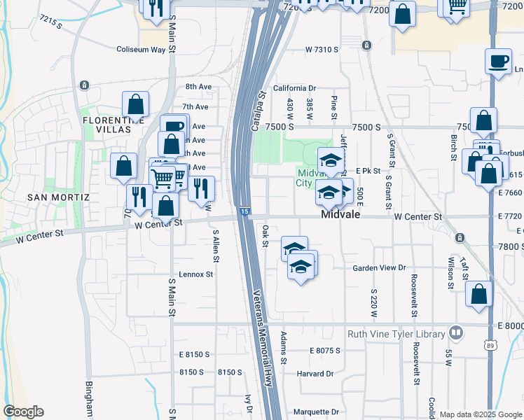 map of restaurants, bars, coffee shops, grocery stores, and more near 6 South 480 West in Midvale