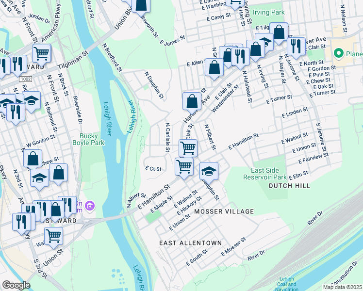 map of restaurants, bars, coffee shops, grocery stores, and more near in Allentown