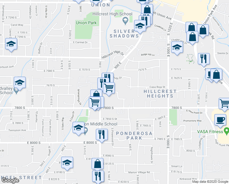 map of restaurants, bars, coffee shops, grocery stores, and more near East Chad Street in Midvale
