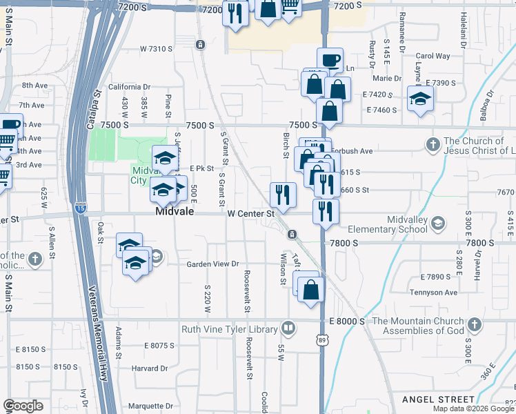 map of restaurants, bars, coffee shops, grocery stores, and more near 108 West Ryker Lane in Midvale