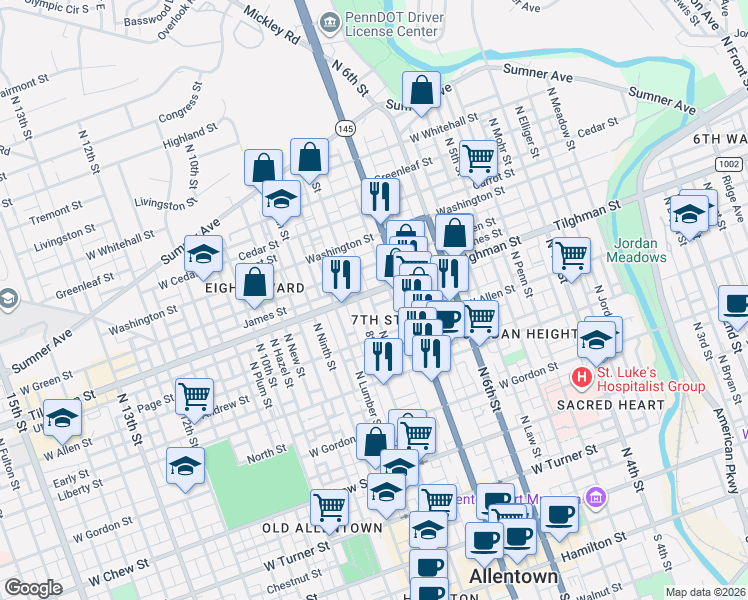 map of restaurants, bars, coffee shops, grocery stores, and more near 630 North 7th Street in Allentown