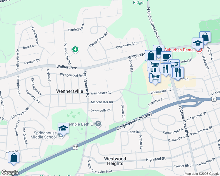 map of restaurants, bars, coffee shops, grocery stores, and more near 1435 Princeton Court in Allentown