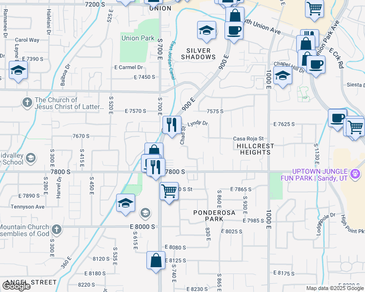 map of restaurants, bars, coffee shops, grocery stores, and more near East Chad Street in Midvale
