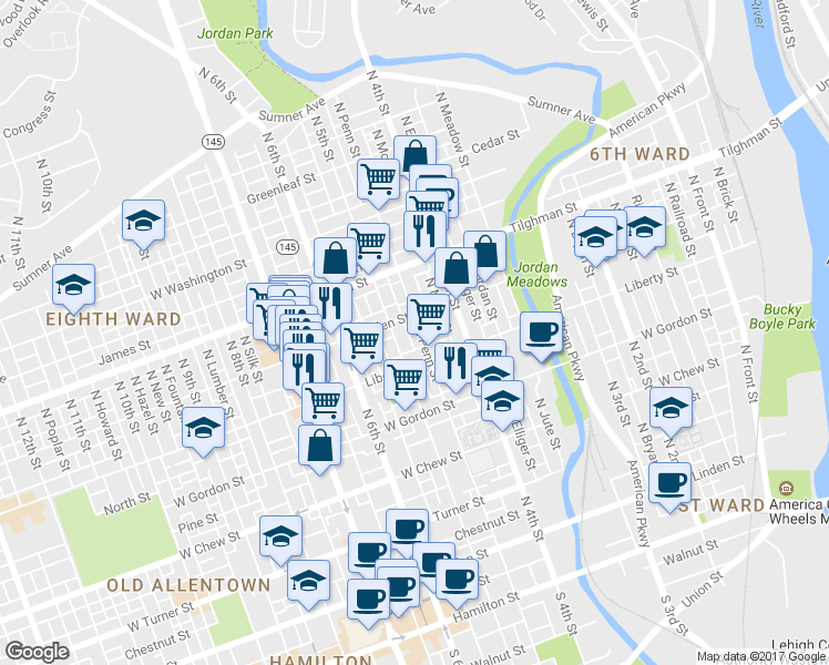 map of restaurants, bars, coffee shops, grocery stores, and more near 534 North Penn Street in Allentown