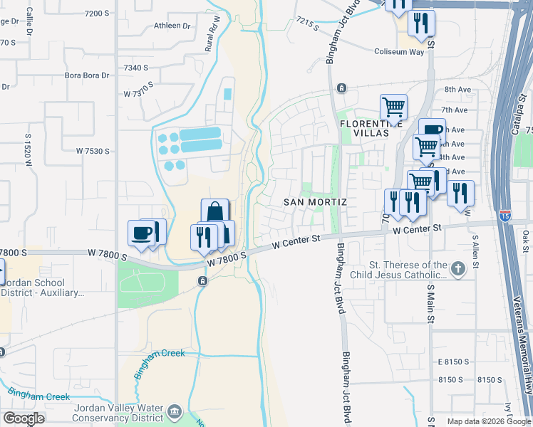 map of restaurants, bars, coffee shops, grocery stores, and more near 7738 Rooftop Drive in Midvale
