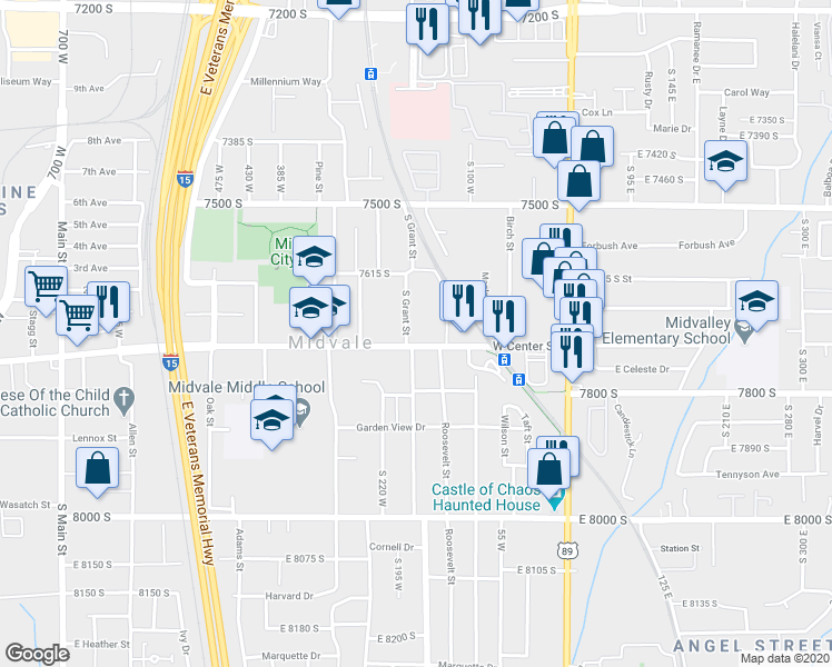 map of restaurants, bars, coffee shops, grocery stores, and more near in Midvale