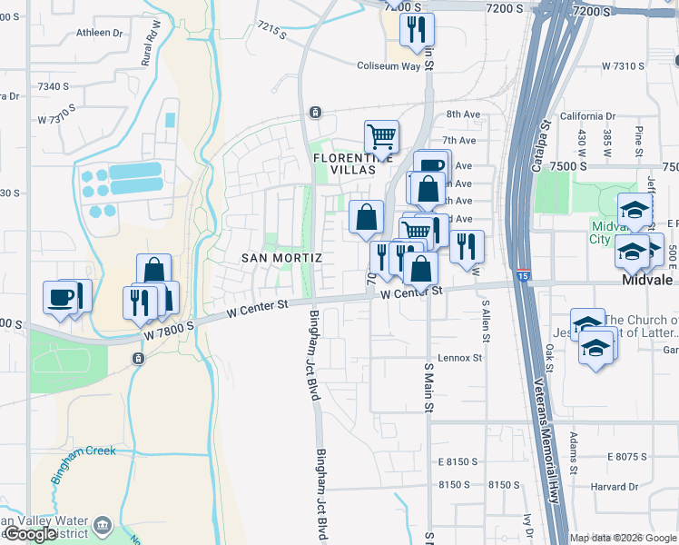 map of restaurants, bars, coffee shops, grocery stores, and more near in Midvale