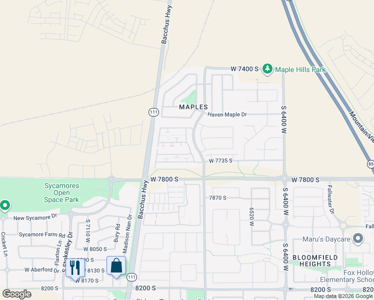 map of restaurants, bars, coffee shops, grocery stores, and more near 7709 Yellowwood Lane in West Jordan
