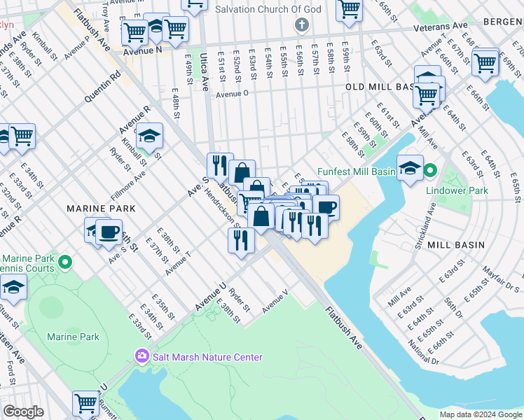 map of restaurants, bars, coffee shops, grocery stores, and more near 2035 East 53rd Street in Brooklyn