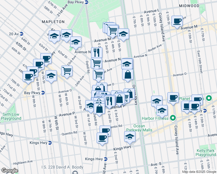 map of restaurants, bars, coffee shops, grocery stores, and more near 1586 East 2nd Street in Brooklyn