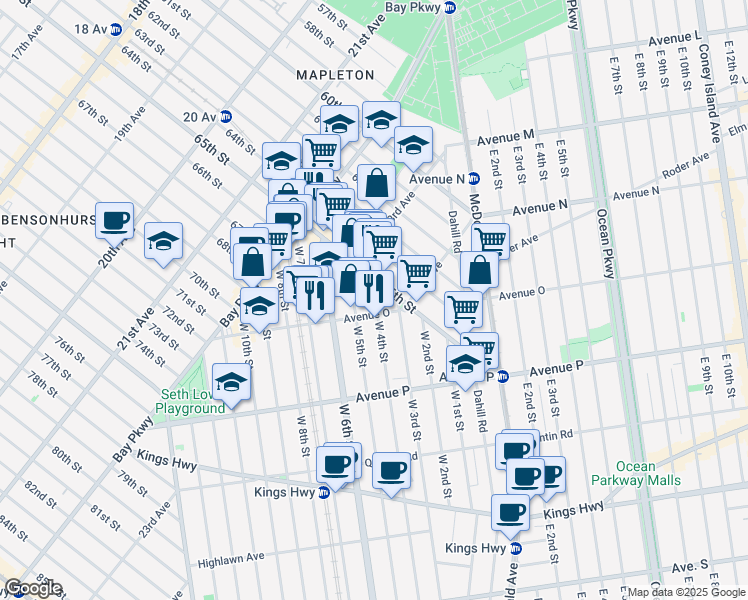 map of restaurants, bars, coffee shops, grocery stores, and more near 175 Avenue O in Brooklyn