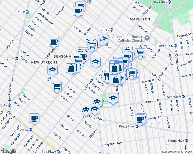 map of restaurants, bars, coffee shops, grocery stores, and more near 2112 72nd Street in Brooklyn