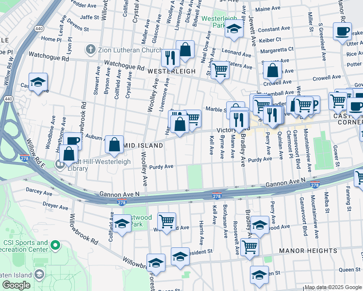 map of restaurants, bars, coffee shops, grocery stores, and more near 23 Bass Street in Staten Island
