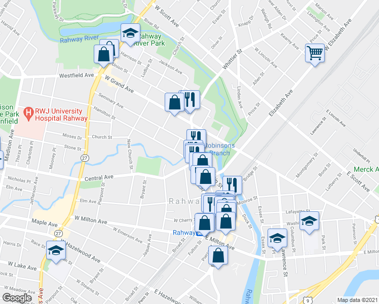map of restaurants, bars, coffee shops, grocery stores, and more near 213 West Main Street in Rahway