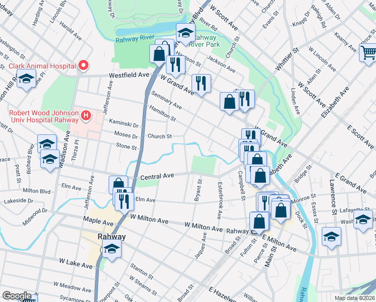 map of restaurants, bars, coffee shops, grocery stores, and more near 1433 New Church Street in Rahway