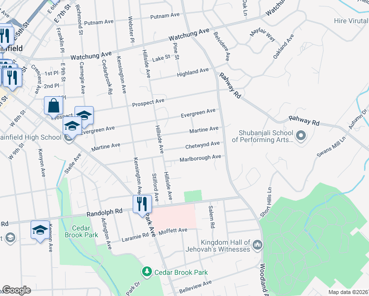 map of restaurants, bars, coffee shops, grocery stores, and more near 1348-52 Chetwynd Avenue in Plainfield