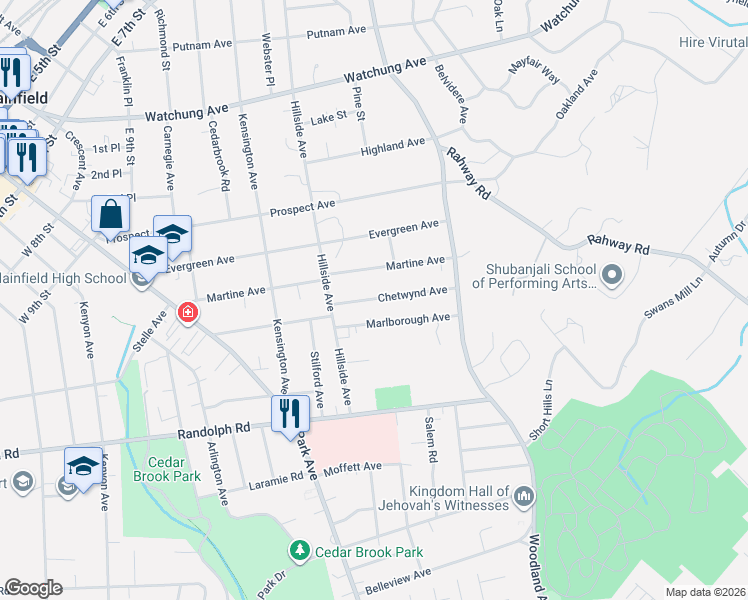 map of restaurants, bars, coffee shops, grocery stores, and more near 1348-52 Chetwynd Avenue in Plainfield