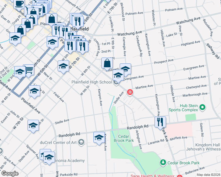 map of restaurants, bars, coffee shops, grocery stores, and more near 916 Park Ave in Plainfield