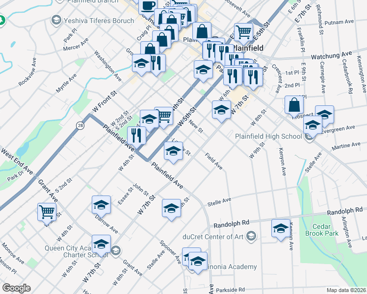 map of restaurants, bars, coffee shops, grocery stores, and more near 452 West 7th Street in Plainfield