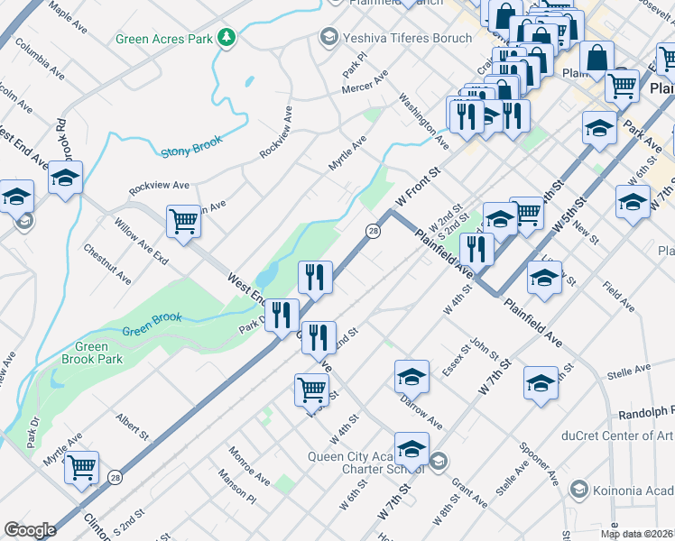 map of restaurants, bars, coffee shops, grocery stores, and more near 700 West Front Street in Plainfield