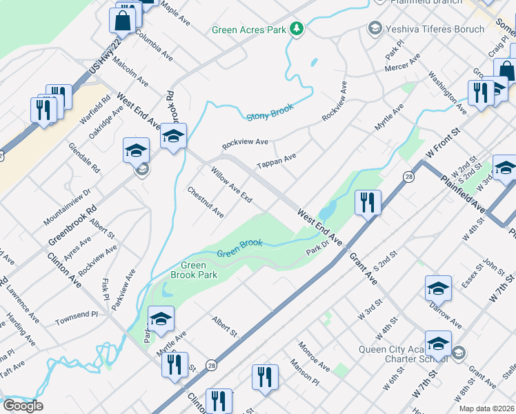 map of restaurants, bars, coffee shops, grocery stores, and more near 177 Willow Avenue Exd in North Plainfield