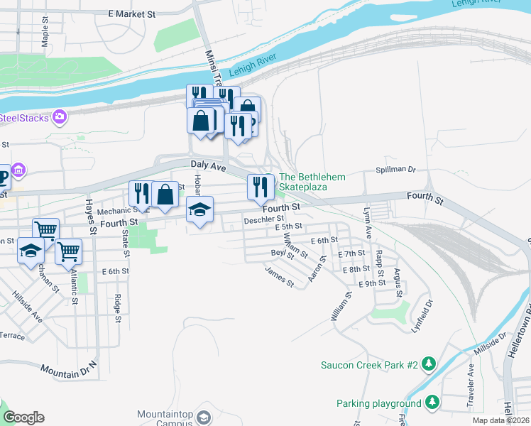 map of restaurants, bars, coffee shops, grocery stores, and more near 1337 Deschler Street in Bethlehem