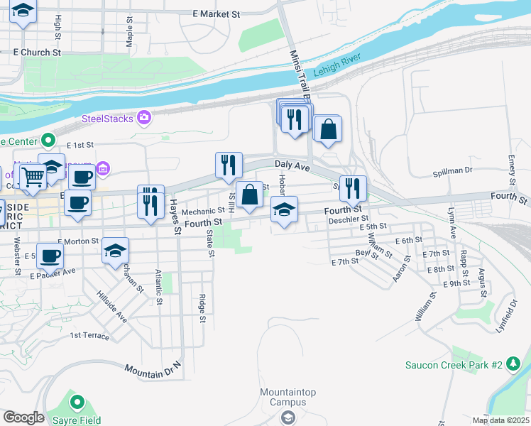 map of restaurants, bars, coffee shops, grocery stores, and more near 1144 East 4th Street in Bethlehem