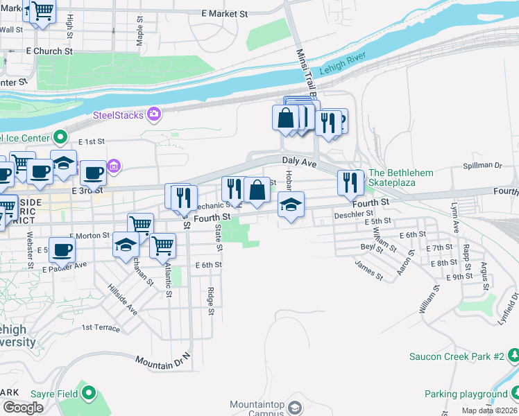 map of restaurants, bars, coffee shops, grocery stores, and more near 1144 East 4th Street in Bethlehem