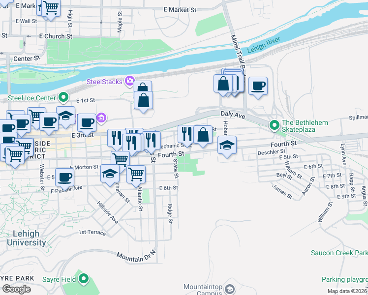 map of restaurants, bars, coffee shops, grocery stores, and more near 1101 East 4th Street in Bethlehem