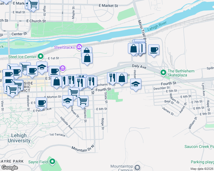 map of restaurants, bars, coffee shops, grocery stores, and more near 935 East 4th Street in Bethlehem