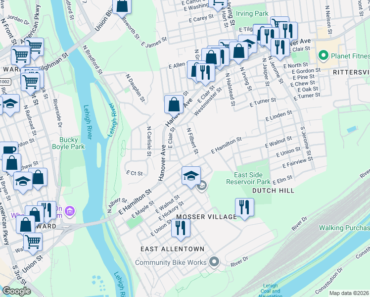map of restaurants, bars, coffee shops, grocery stores, and more near 32 North Ellsworth Street in Allentown