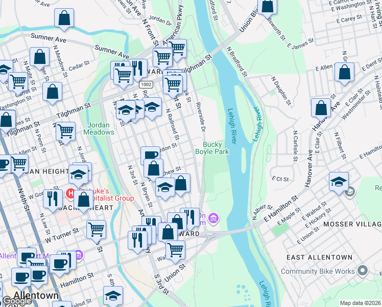 map of restaurants, bars, coffee shops, grocery stores, and more near in Allentown
