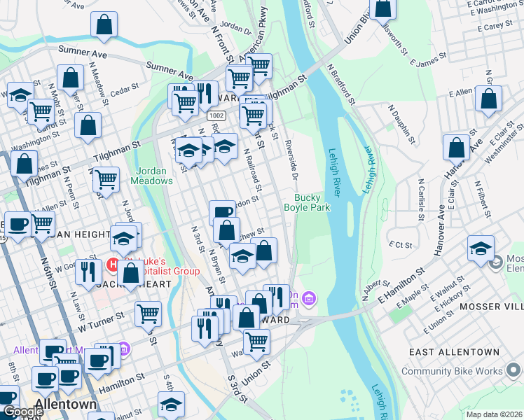 map of restaurants, bars, coffee shops, grocery stores, and more near in Allentown